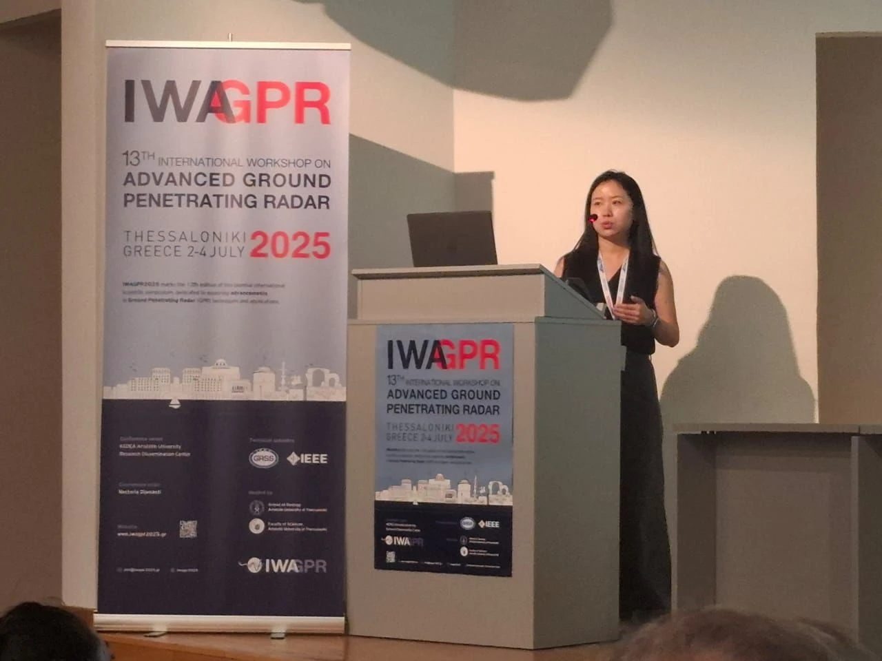 Huamei Zhu presenting at IWAGPR 2025 in Thessaloniki, Greece.