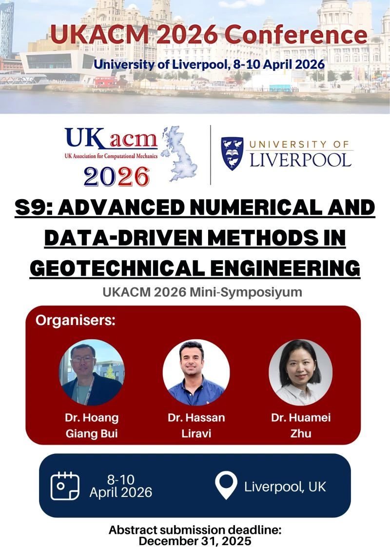 Poster for the UKACM 2026 mini-symposium on advanced numerical and data-driven methods in geotechnical engineering.